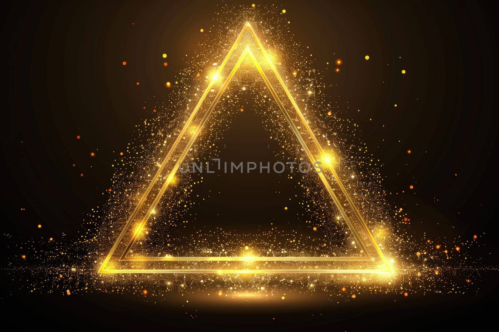 A triangle with a gold frame is lit up with sparkles, Generative AI.