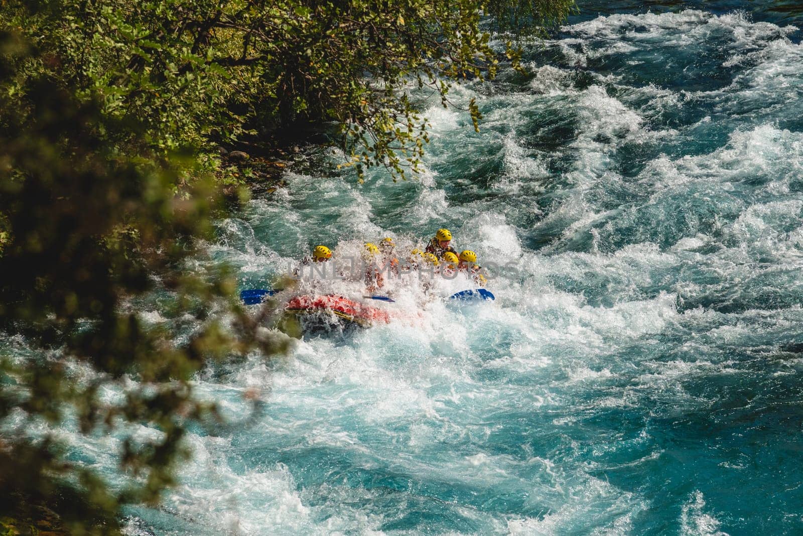 Antalya, Turkey - April 27, 2024: Rafting on a big rafting boat on the river in Antalya Koprulu Canyon. by Sonat