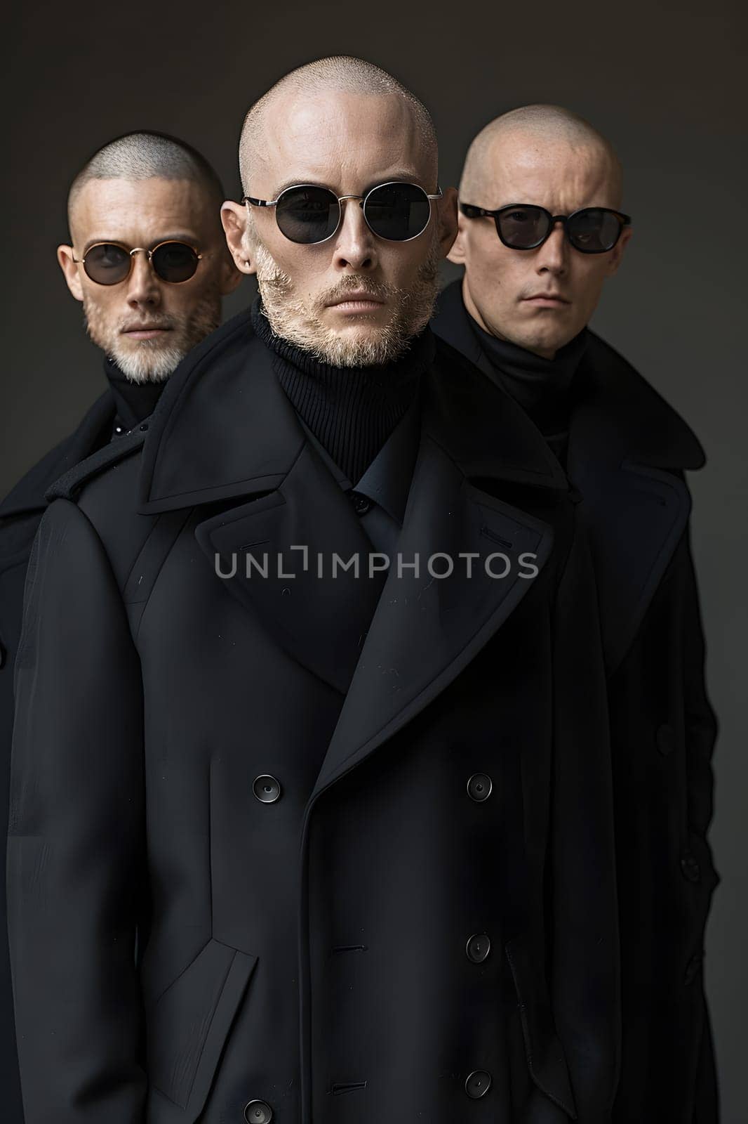 Three bald men in black overcoats and sunglasses are standing together, showcasing a united front in their vision care eyewear and stylish fashion design