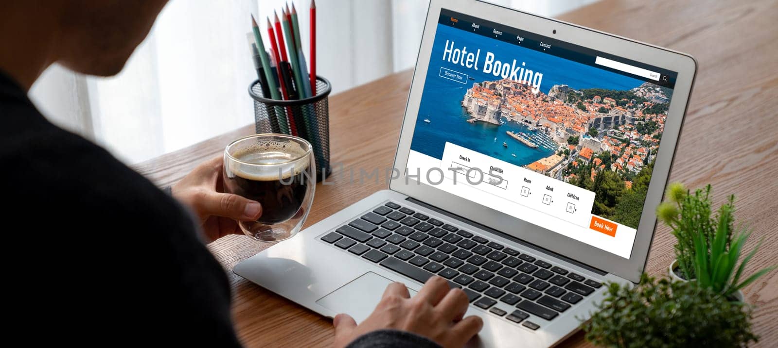 Online hotel accommodation booking website provide modish reservation system . Travel technology concept .