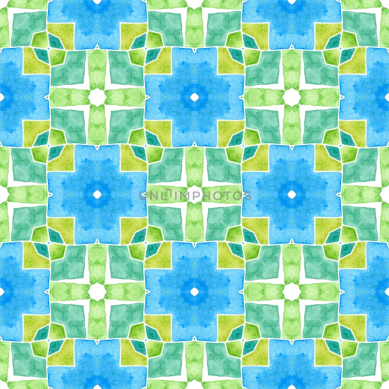 Tiled watercolor background. Green optimal boho chic summer design. Hand painted tiled watercolor border. Textile ready noteworthy print, swimwear fabric, wallpaper, wrapping.