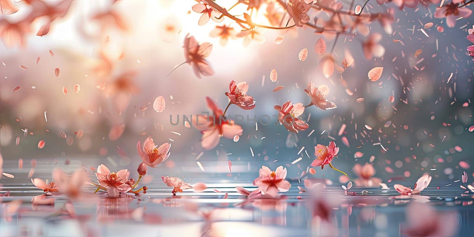 Cherry blossom and pink petals and flowers falling on surface of blue water of lake. Sakura flower background. For puzzles, banner, advertising or design. Generation Ai. by Lunnica