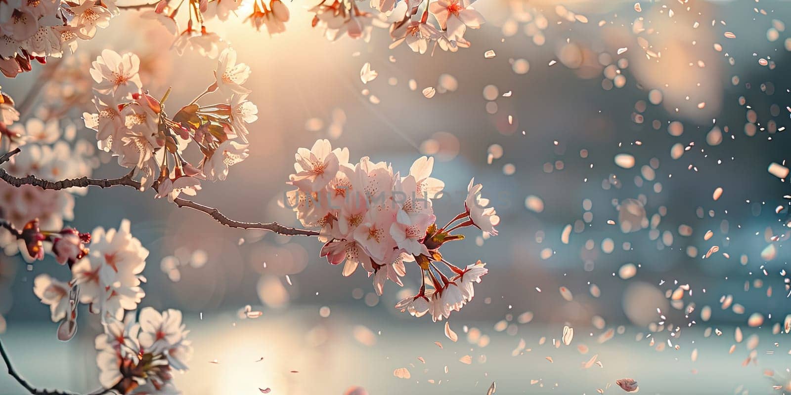 Cherry blossom branch in full bloom with petals in the air, warm sunlight backlighting delicate pink flowers against soft focus background. Floral sakura background. Ai generation. High quality photo