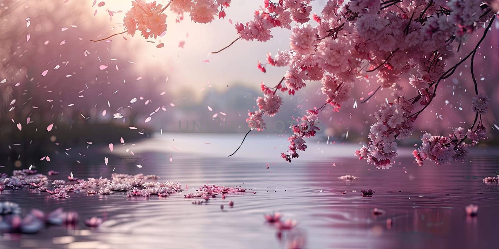Cherry blossom branches over water, with bright pink flowers and petals falling into water in lake. Seasonal sakura blossom. Ai generation. by Lunnica