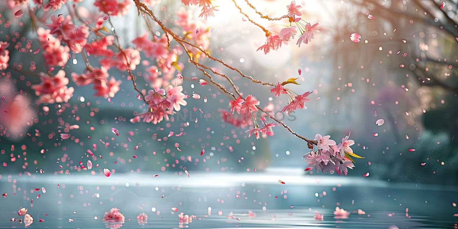 Cherry blossom branches over water, with bright pink flowers and petals falling into water in lake. Seasonal sakura blossom. Ai generation. High quality photo
