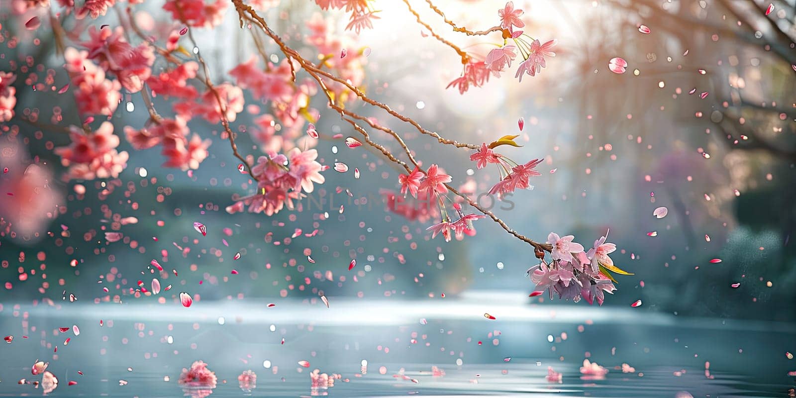 Cherry blossom branches over water, with bright pink flowers and petals falling into water in lake. Seasonal sakura blossom. Ai generation. by Lunnica