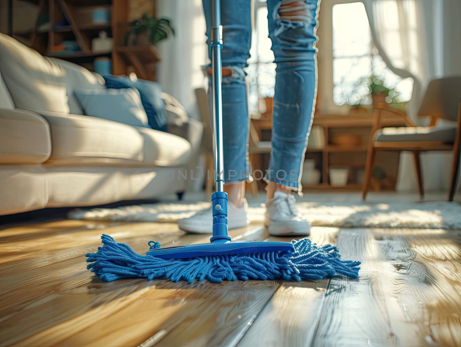 Close up of blue mop cleaning parquet floor against the backdrop of living room. House cleaning and clean home concept with wood floor maintenance. Ai generation. by Lunnica