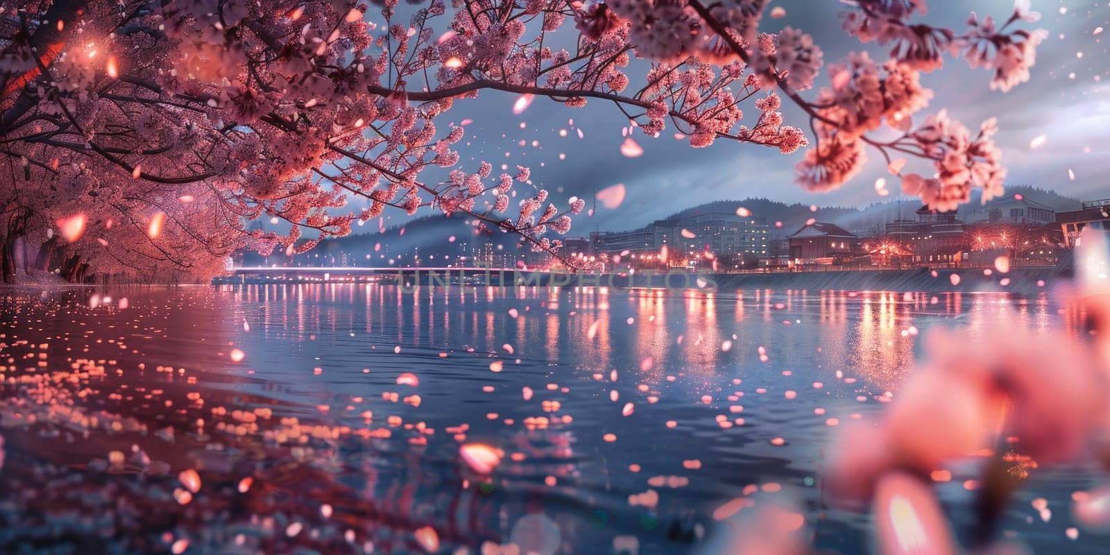 Sakura blossoms with falling petals over lake at dusk. The lights of city are reflected in water. Spring picturesque landscape with pink petals in air and on surface of water. Ai generation. by Lunnica