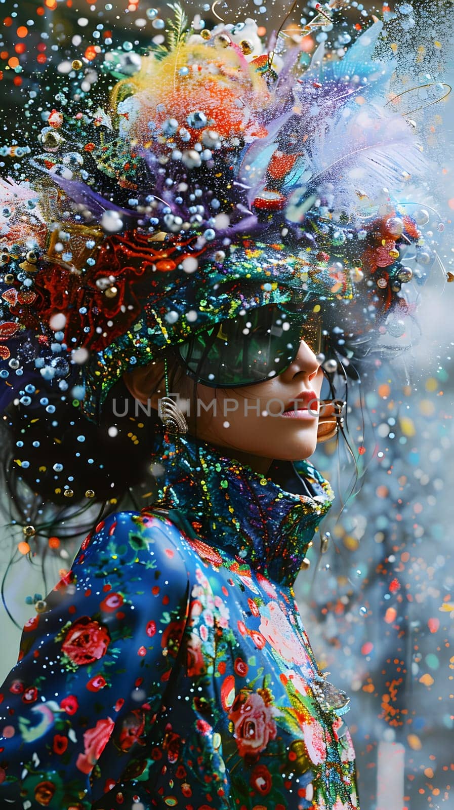 A woman adorned with a vibrant hat and sunglasses stands amidst falling confetti. She is surrounded by nature, art, and joyful people at a festive event