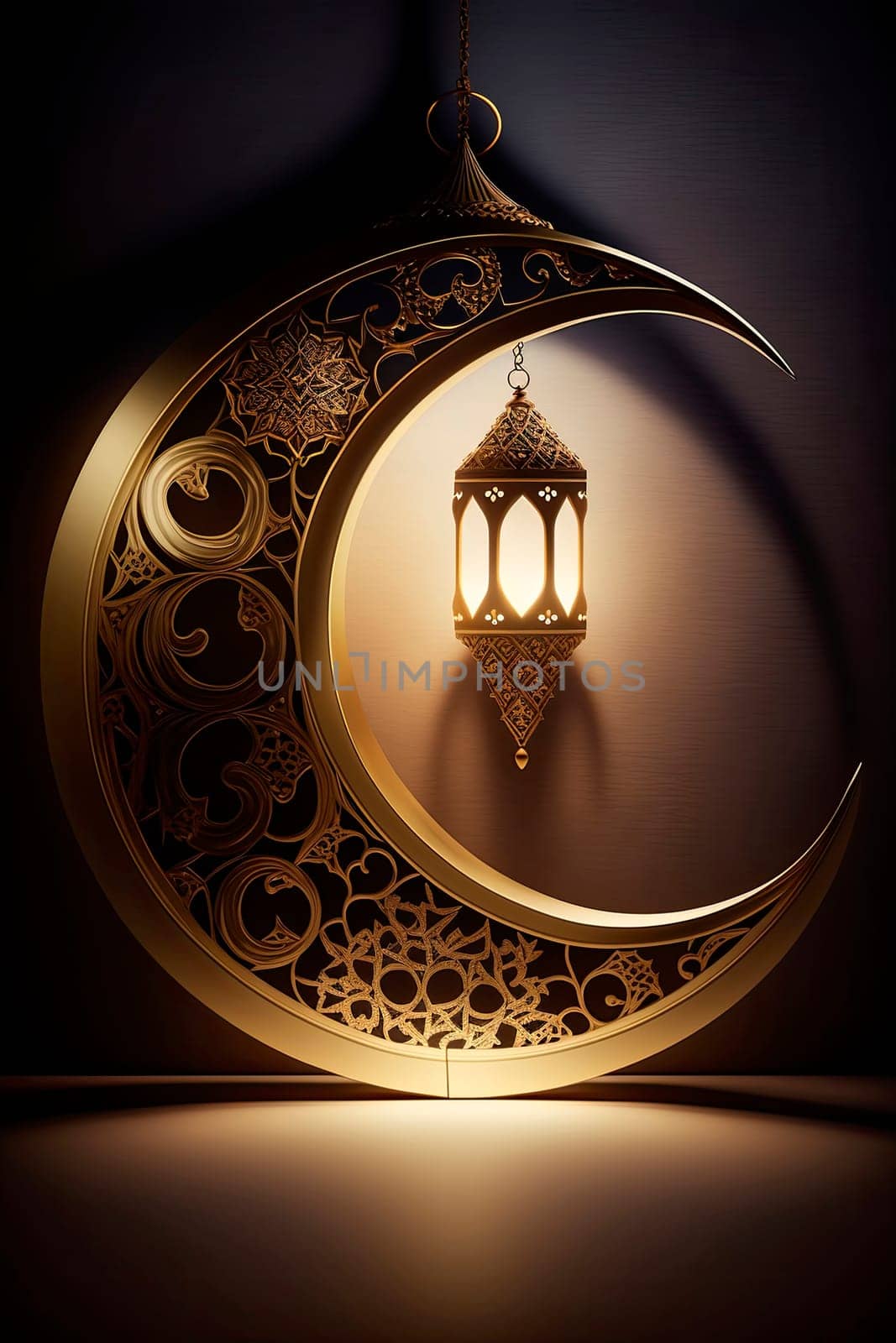 Luminaire in the shape of a golden crescent and an Arabic pendant lamp for the Islamic holiday of Ramadan. by yanadjana
