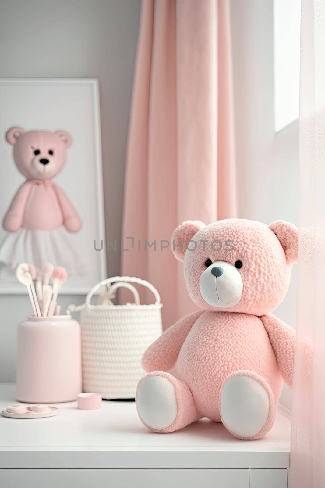 table with a plush toy bear in the baby room. by yanadjana