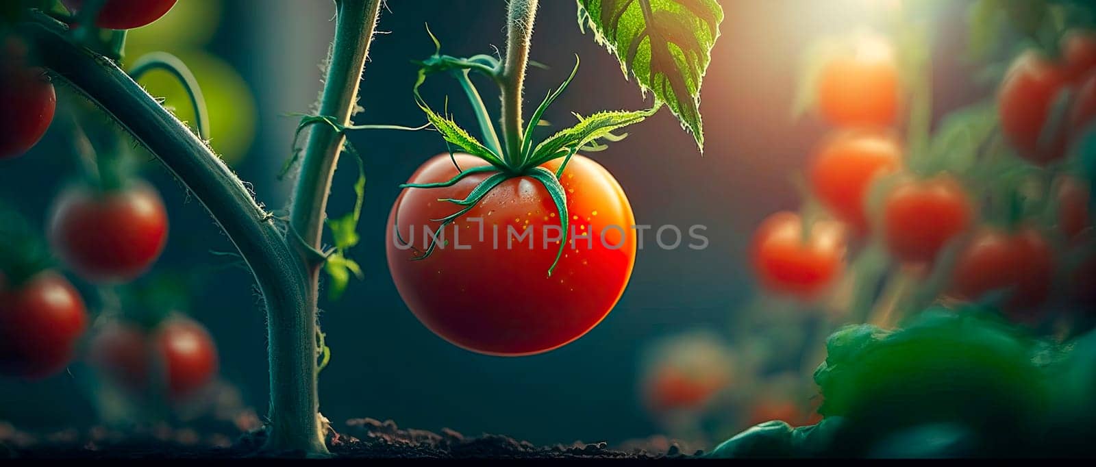 Tomatoes on a branch in a greenhouse. Generative AI,