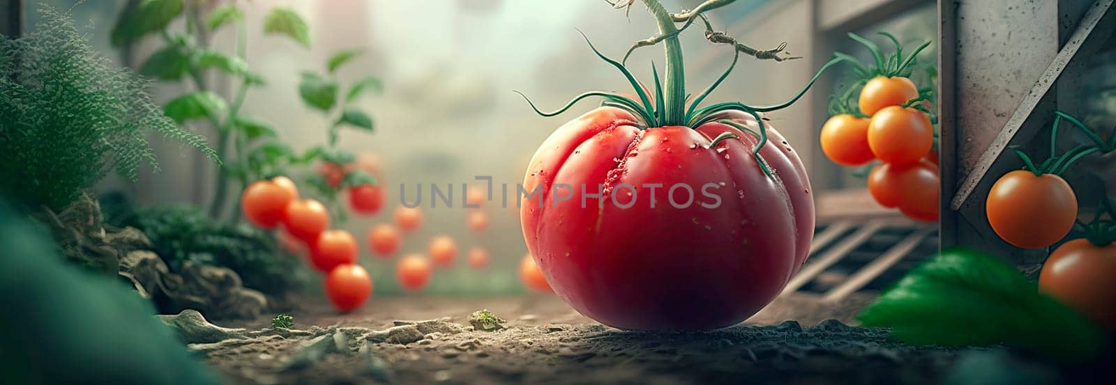 Tomatoes on a branch in a greenhouse. Generative AI,