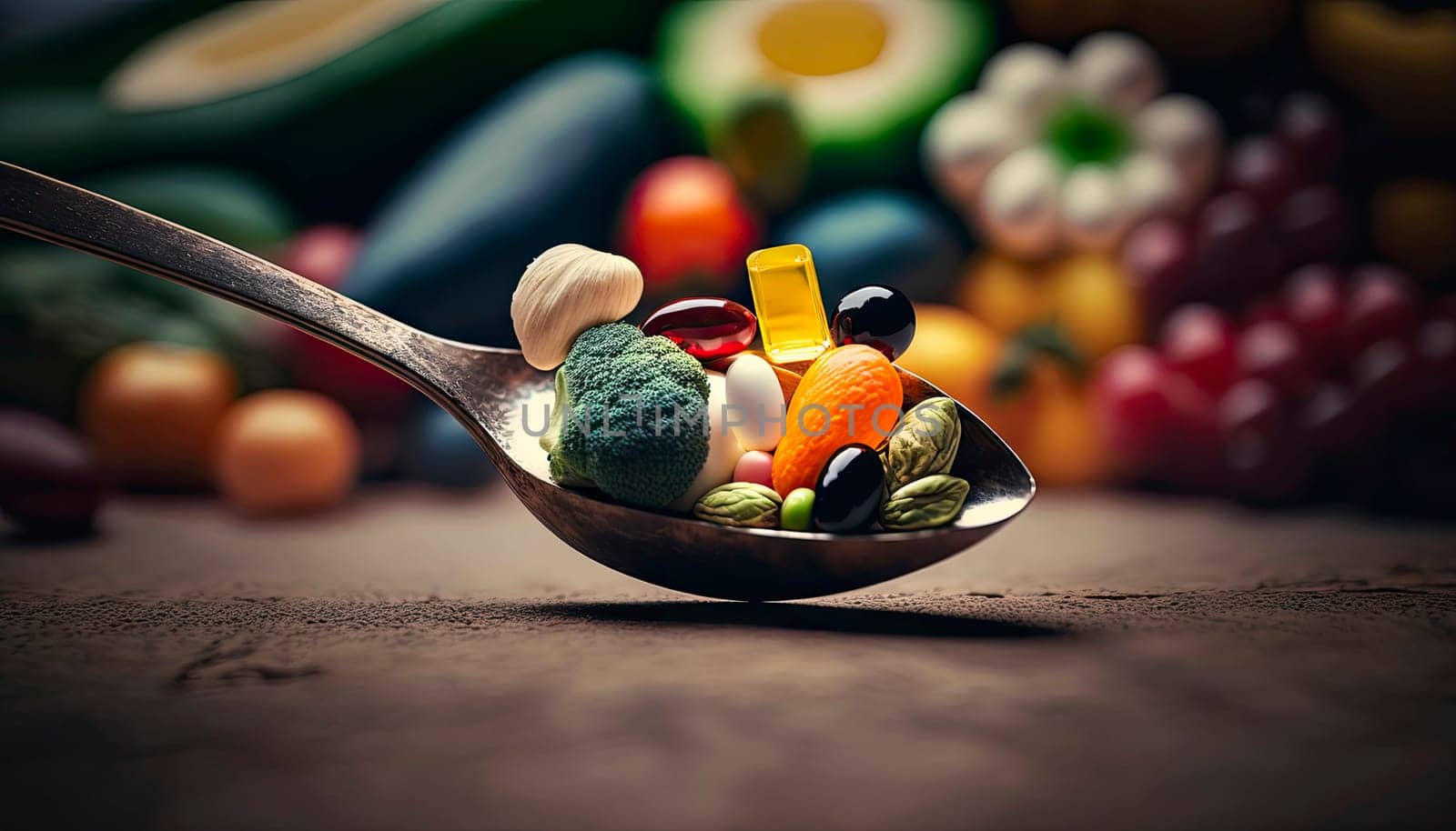 spoon full of supplements on the background of vegetables, fruits. by yanadjana