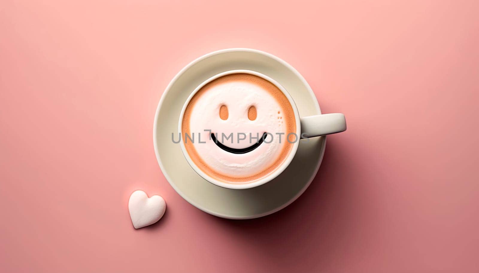 latte coffee in a cup minimalism smile pink background. by yanadjana