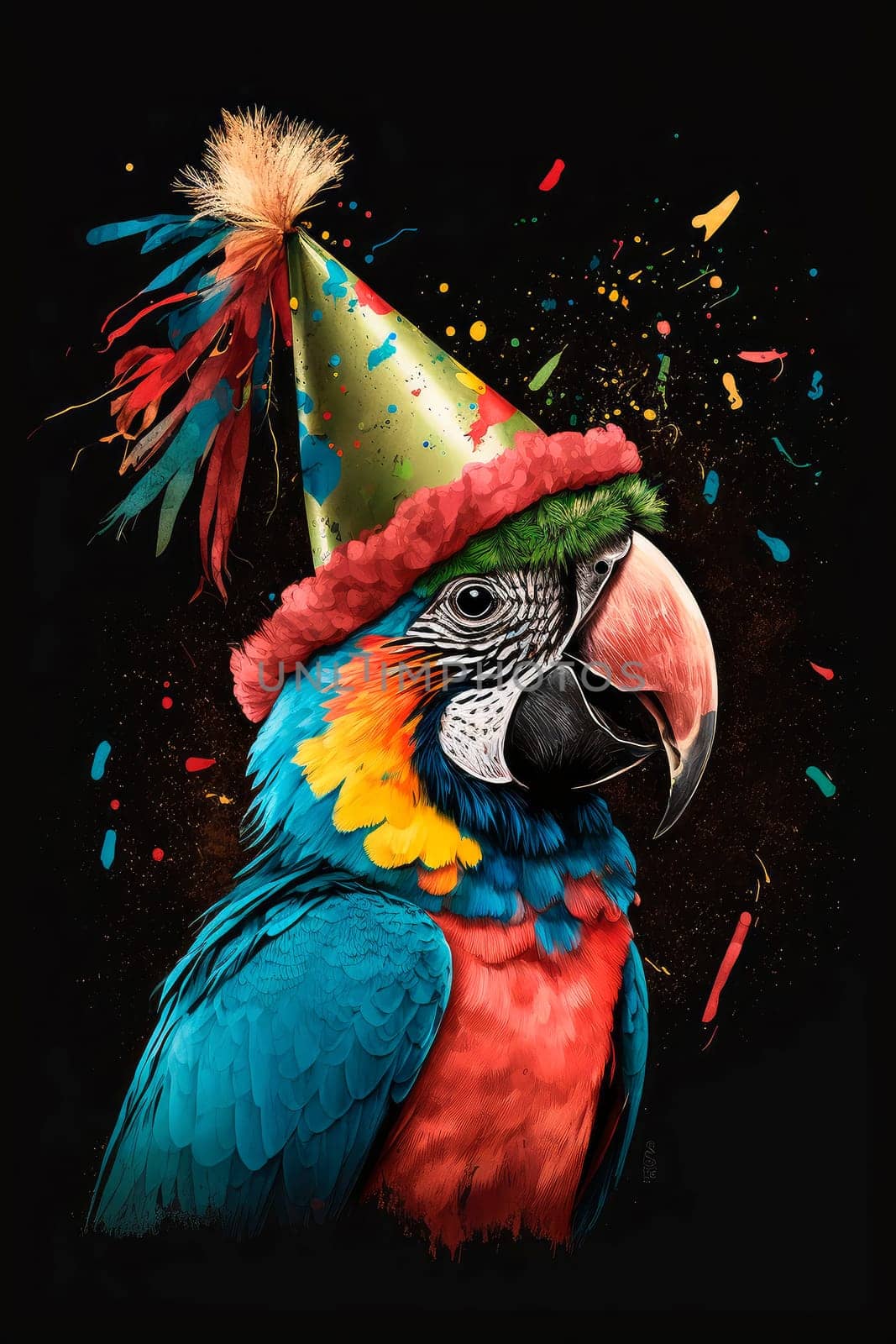 happy macaw parrot in party hat and birthday confetti. by yanadjana
