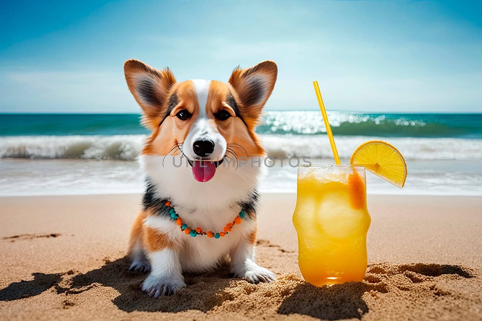 Dog on the beach with a cocktail. Generative AI,