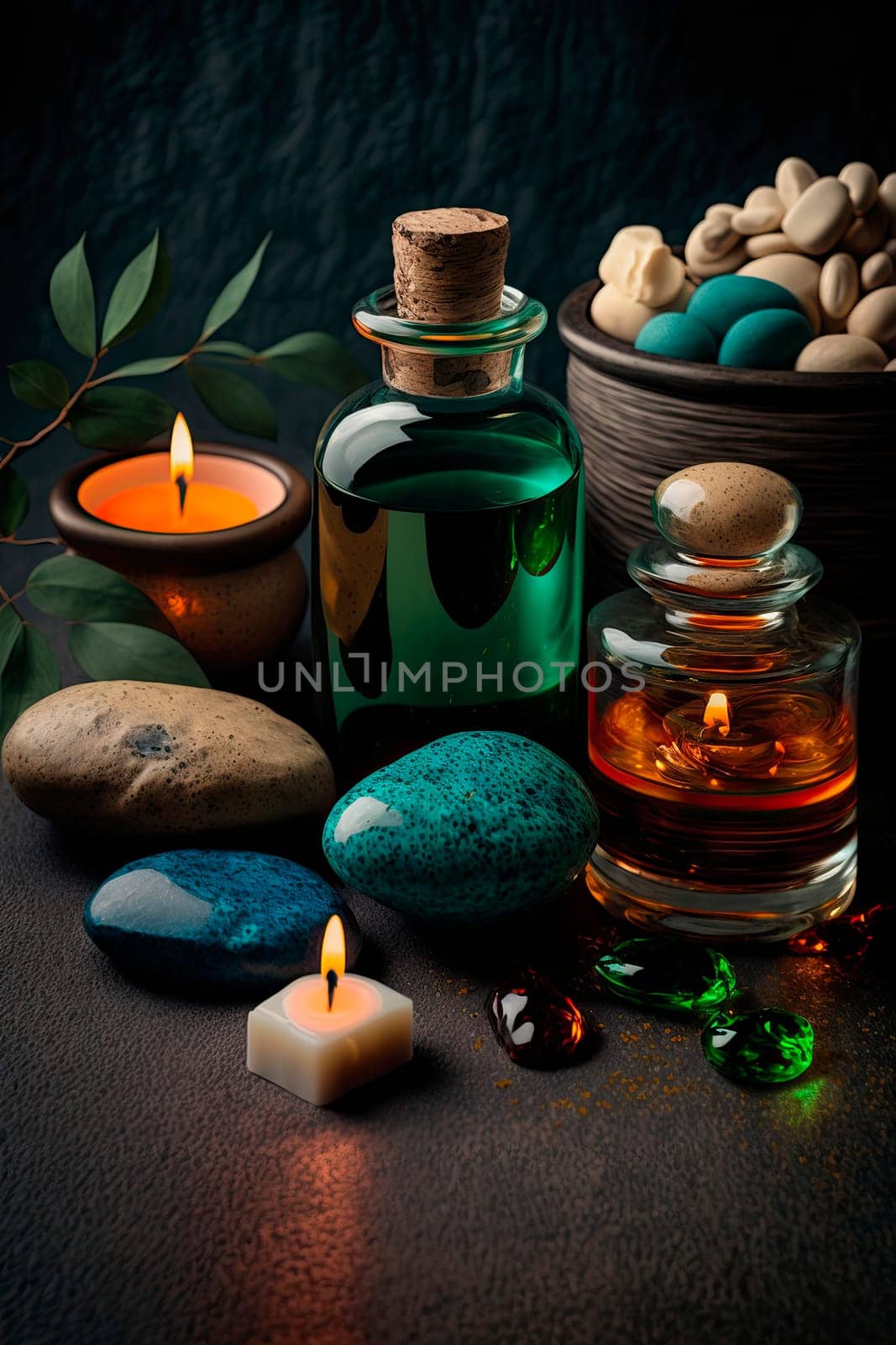 skin care spa set, decoration, candle and towels, oil bottle and green leaves and blossoms. by yanadjana