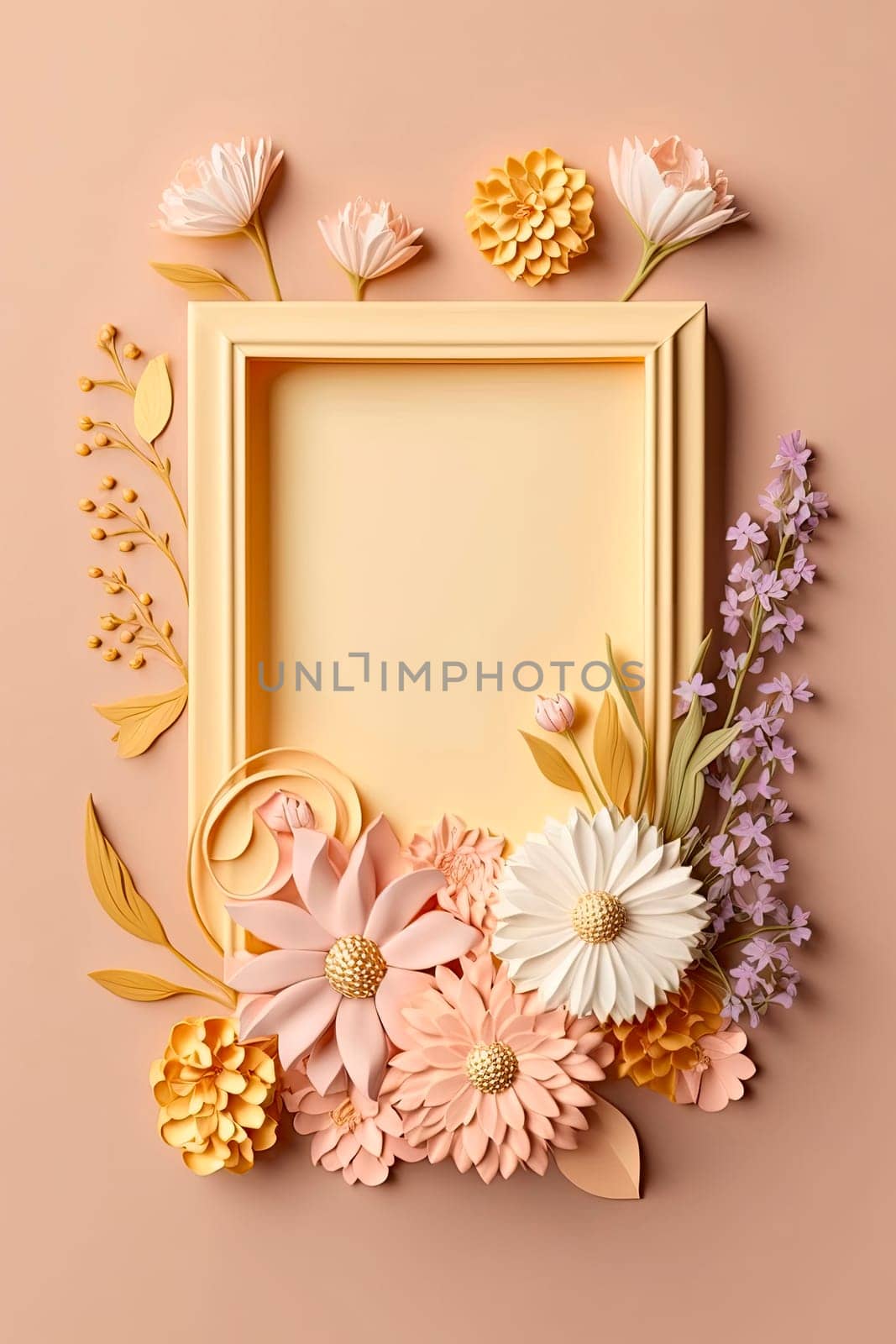 Beautiful flowers flower frame flat lay, top view, free space. Generative AI,