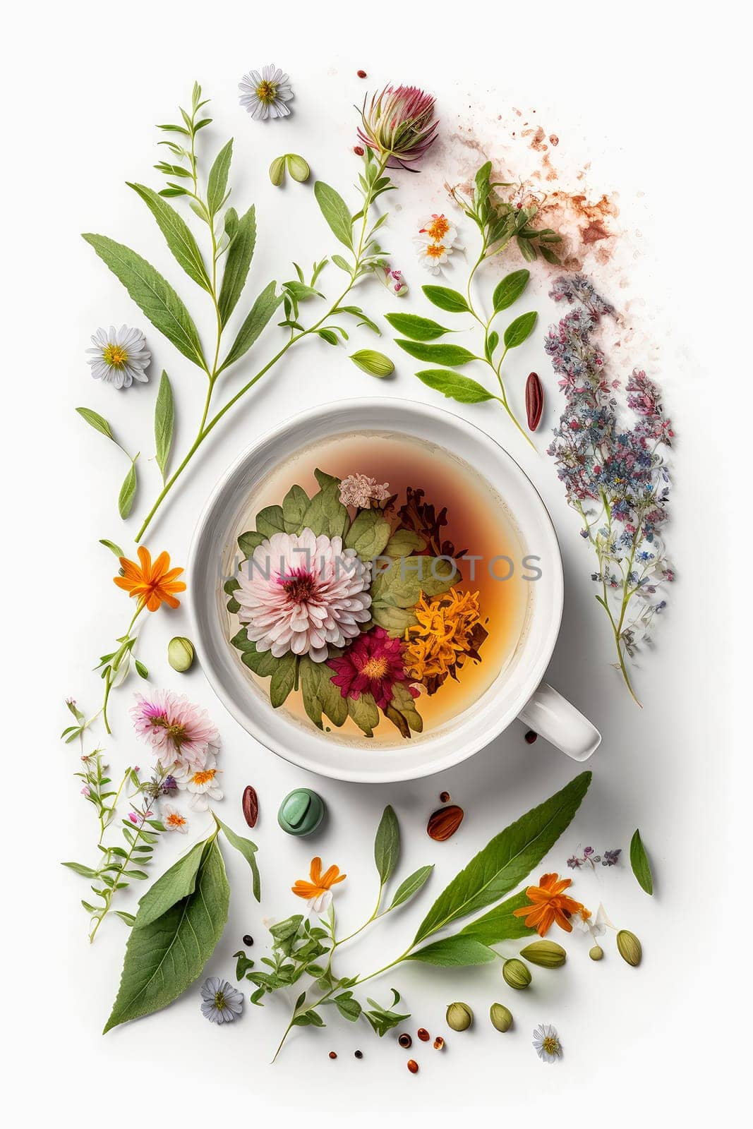 Tea with herbs and flowers in a cup top view. Generative AI,