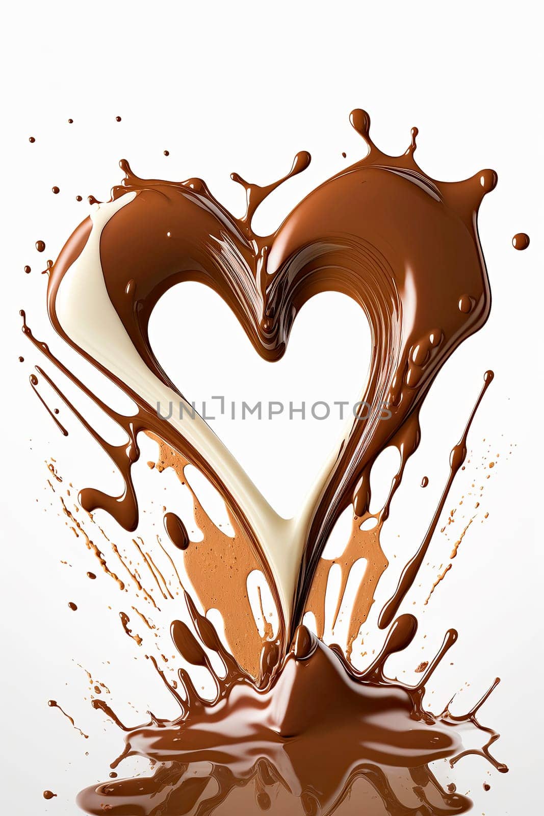 Chocolate splash in heart shape isolate on white background. by yanadjana
