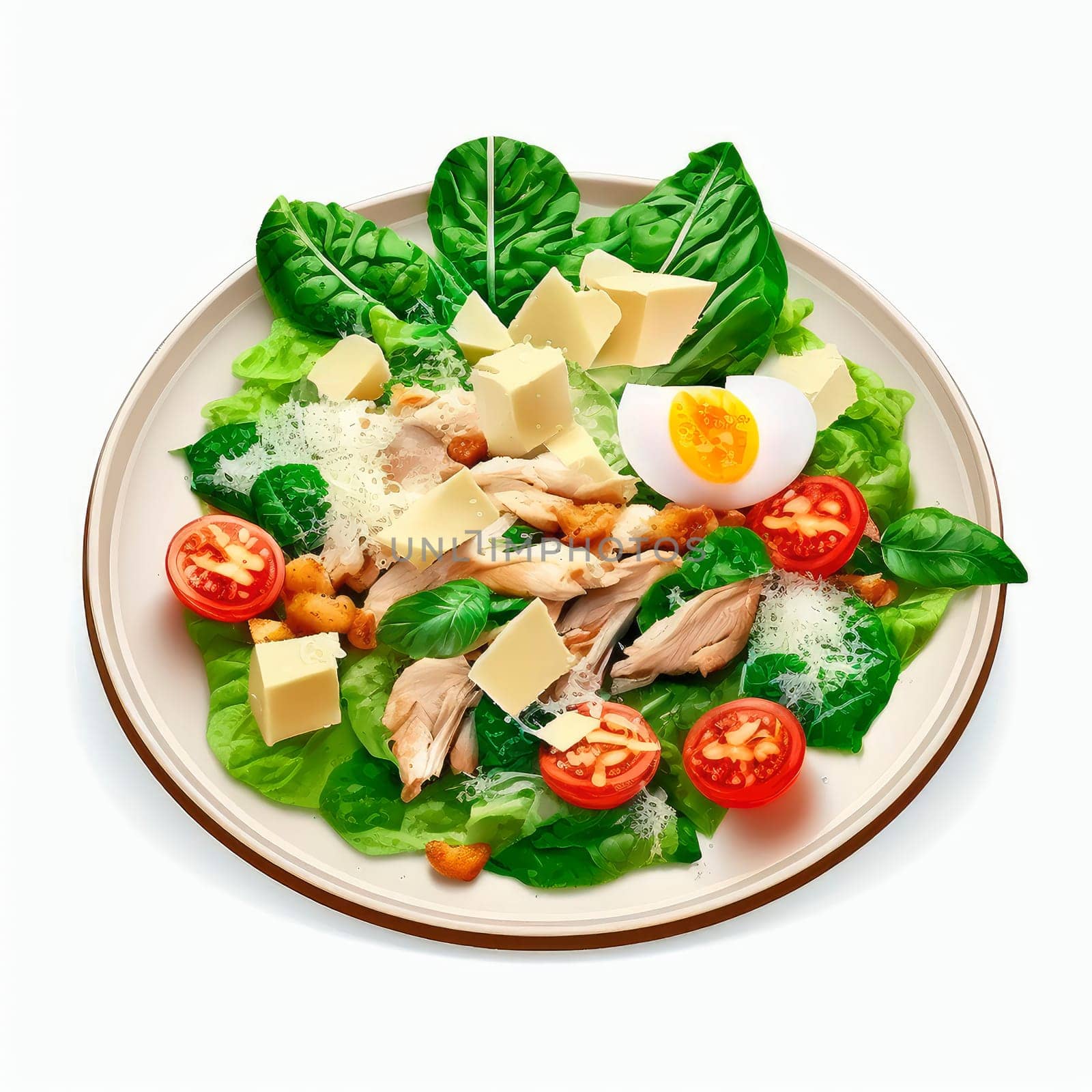 Caesar salad with chicken on a plate isolate on a white background. by yanadjana