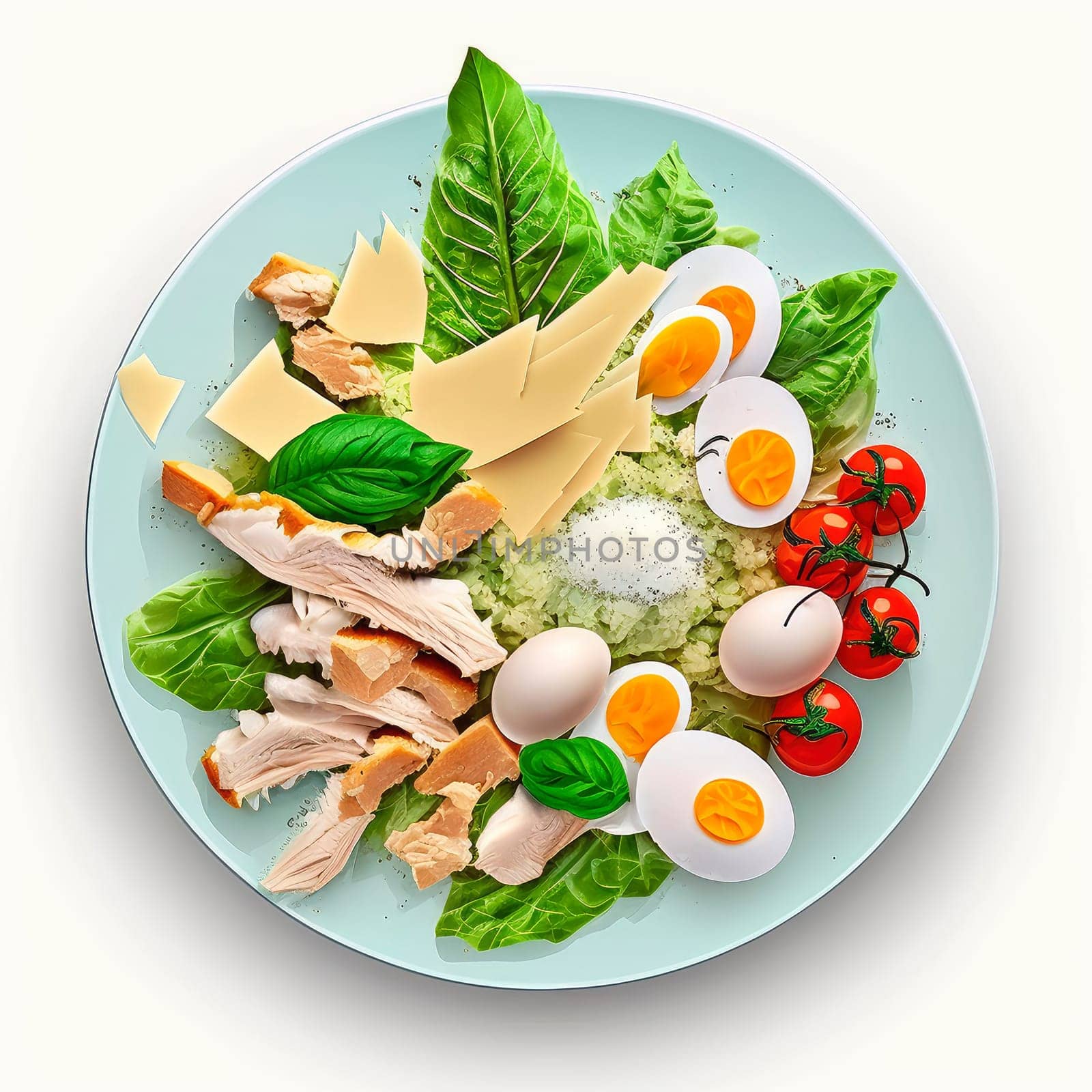 Caesar salad with chicken on a plate isolate on a white background. Generative AI,