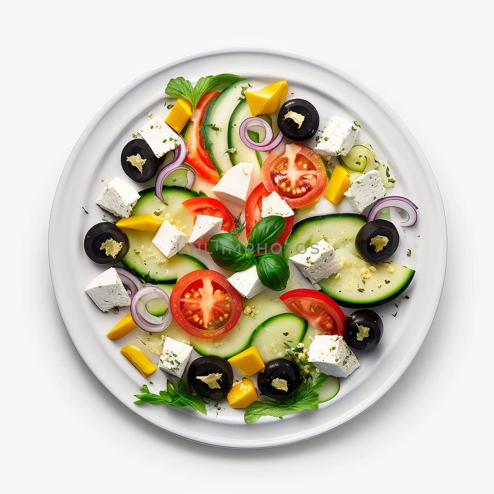 Greek salad on a plate isolate on a white background. Generative AI,