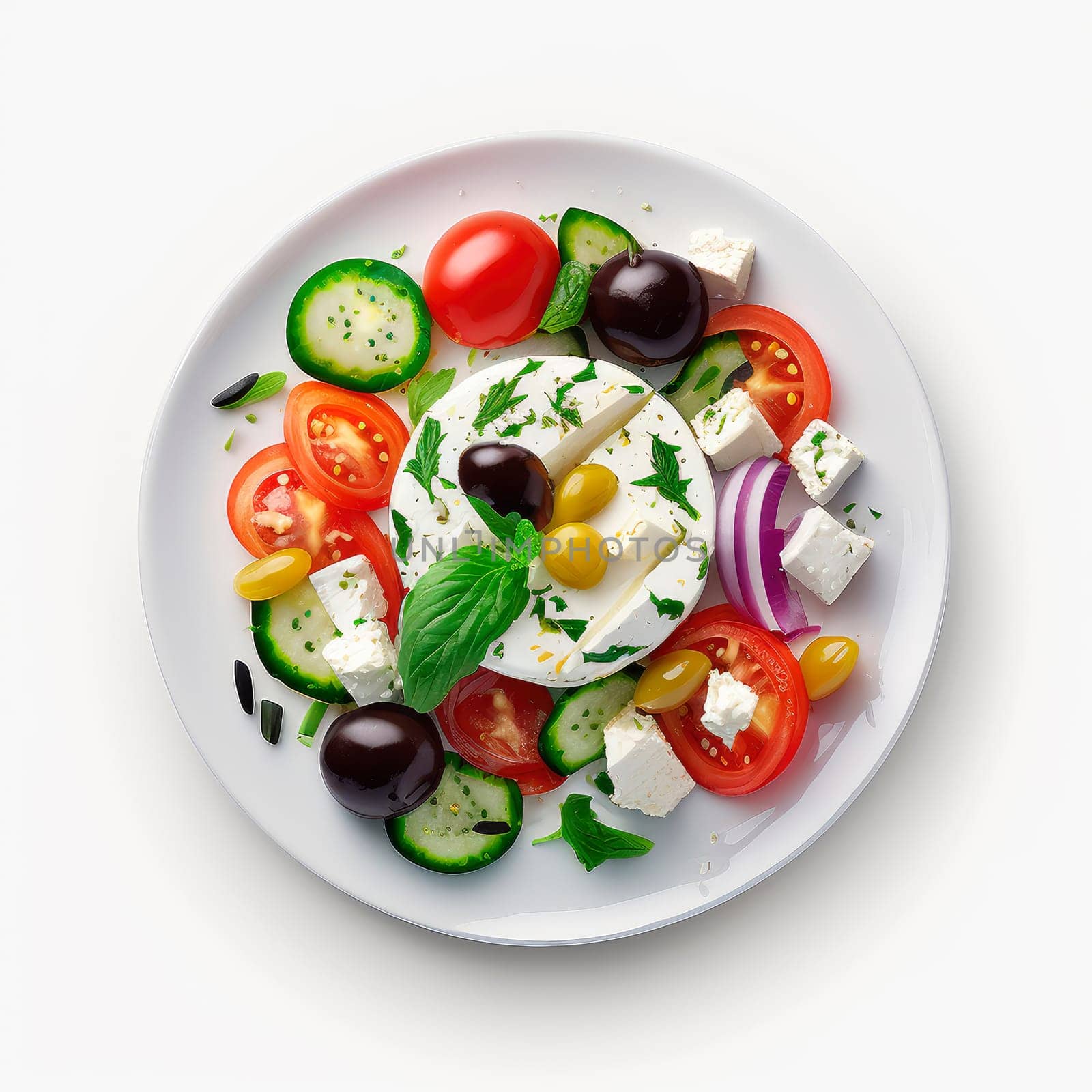 Greek salad on a plate isolate on a white background. Generative AI,