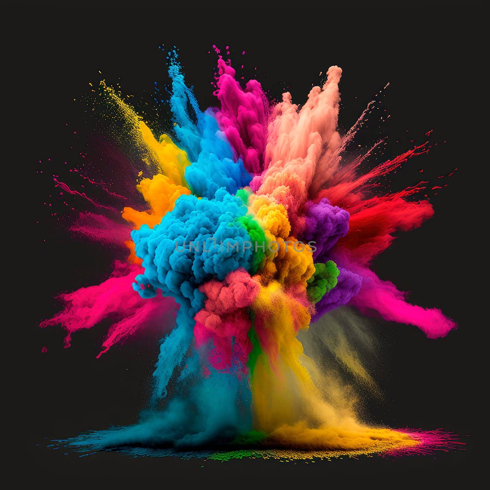Colorful rainbow holi paint splash, explosion of colored powder on black background. by yanadjana