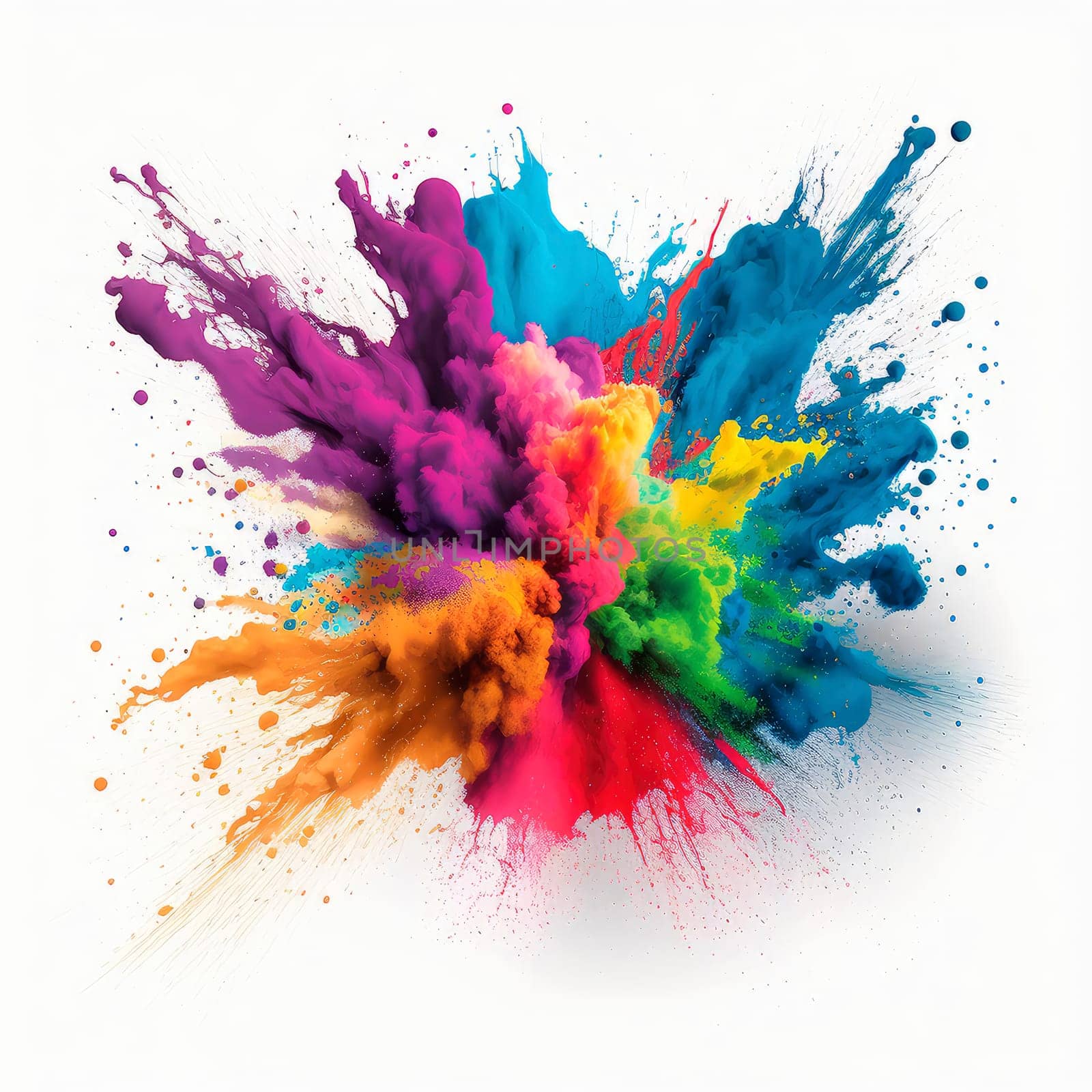 Colorful rainbow holi paint splash, explosion of colored powder on white background. by yanadjana