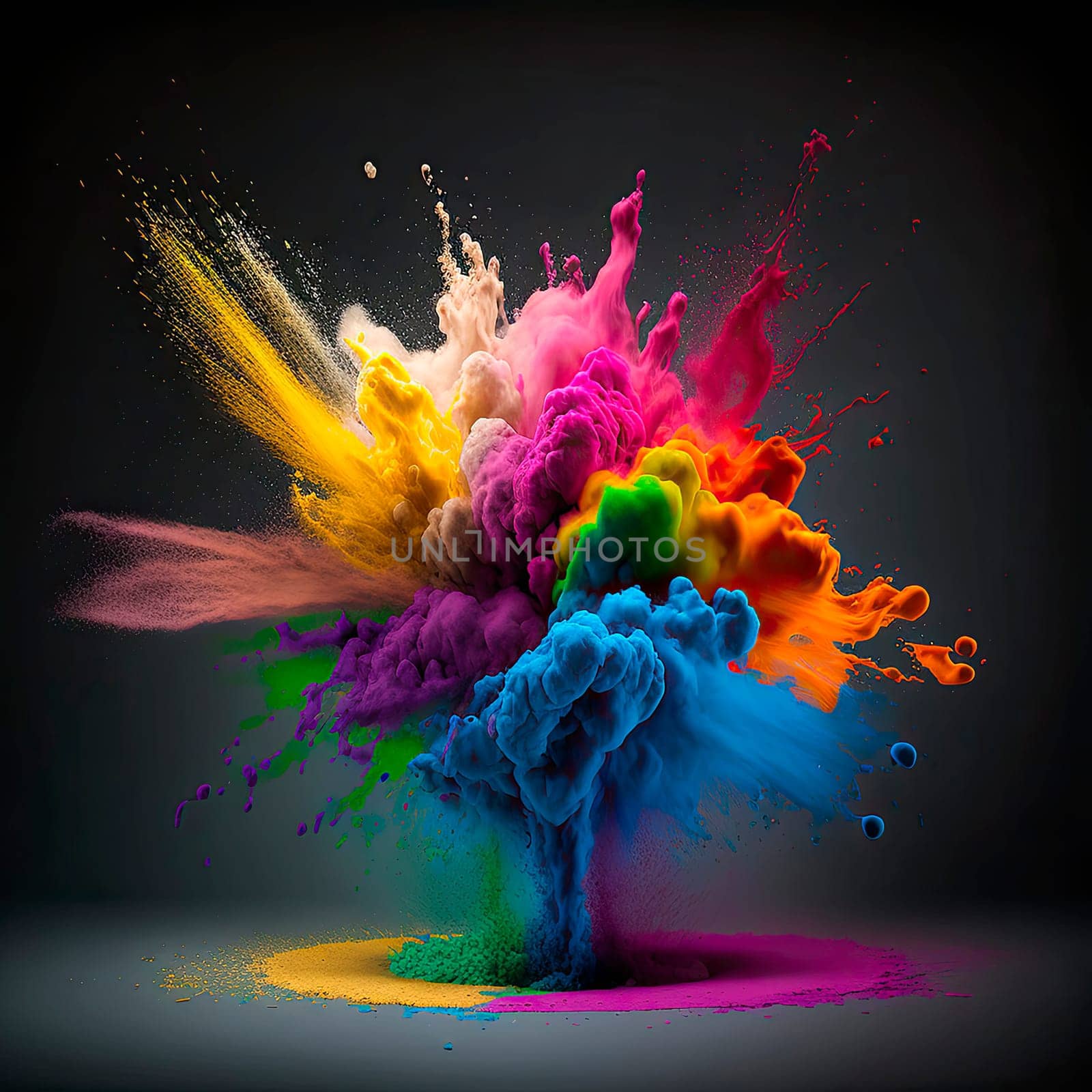 Colorful rainbow holi paint splash, explosion of colored powder on black background. by yanadjana