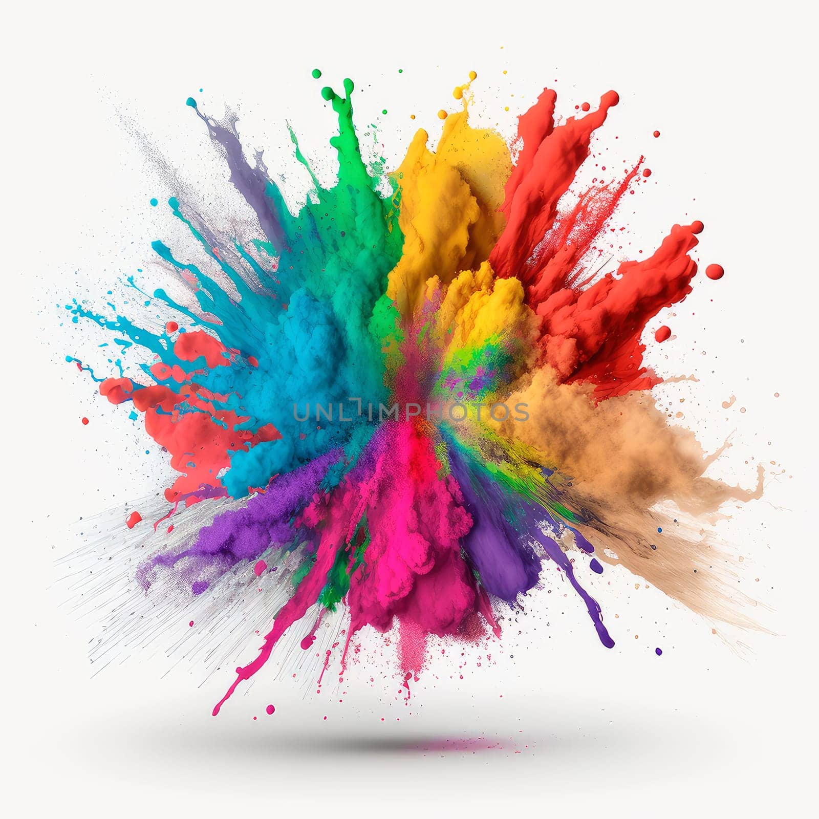 Colorful rainbow holi paint splash, explosion of colored powder on white background. by yanadjana