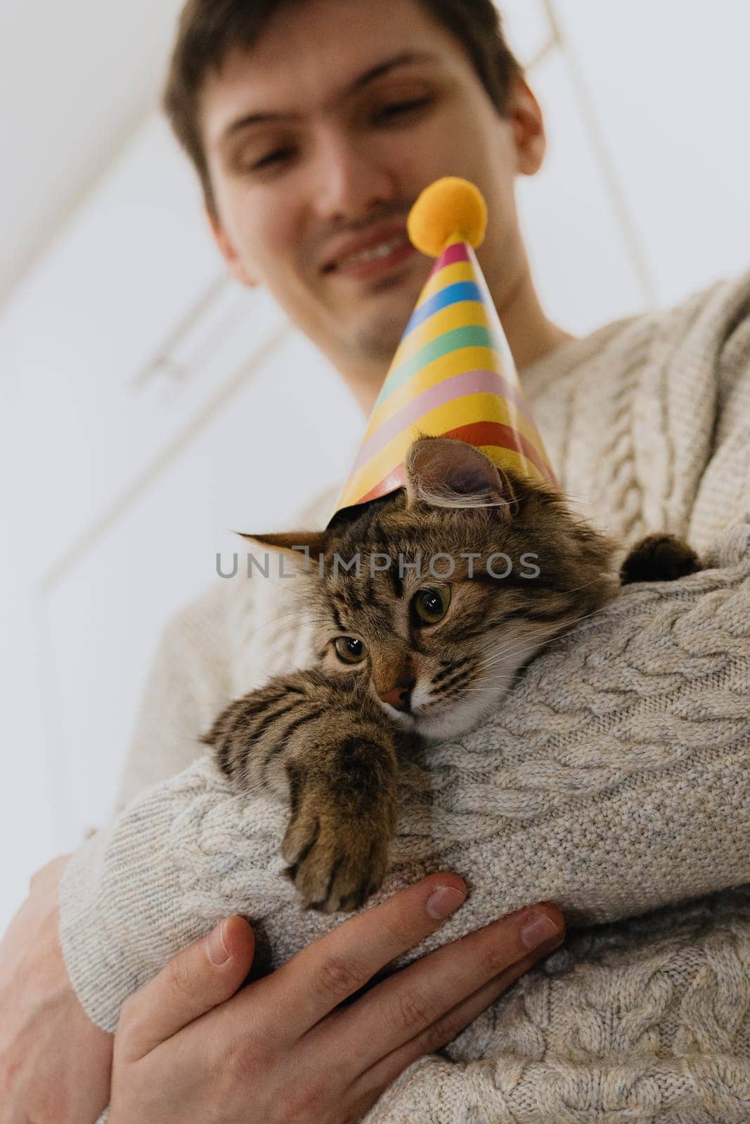 One handsome Caucasian happy guy holding a small tricolor kitten with a cone hat on his head, standing in the kitchen and celebrating a birthday, close-up view from below.
