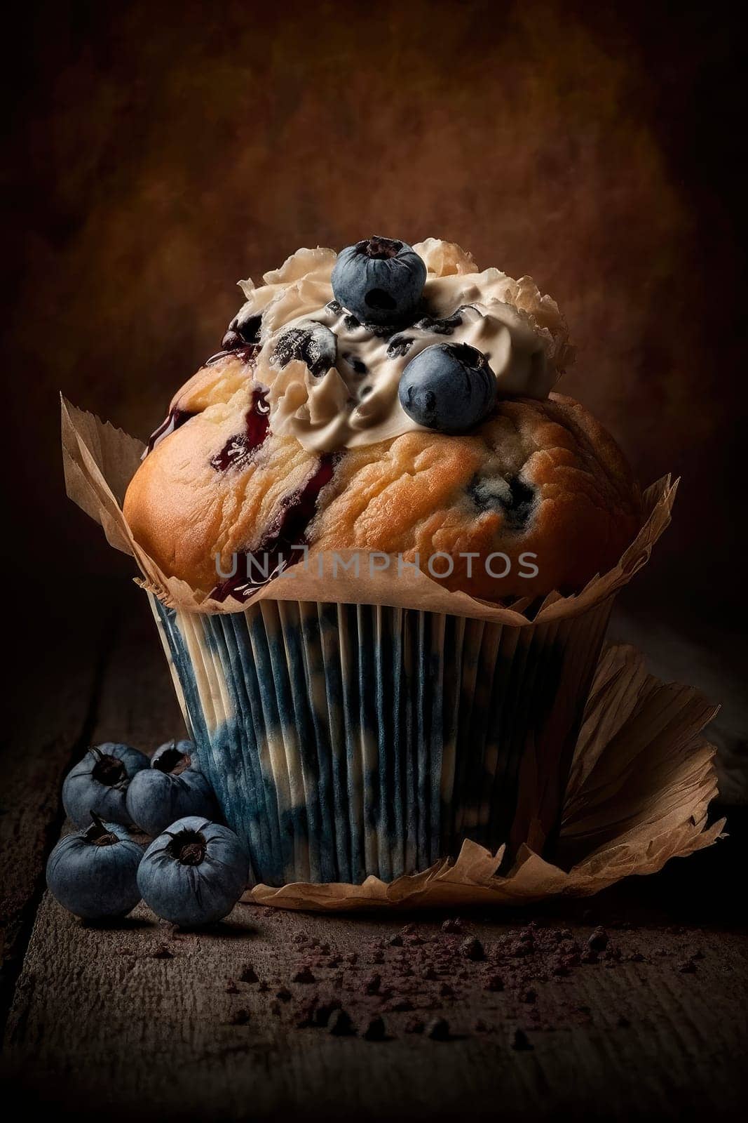 delicious muffin with blueberries. Generative AI,