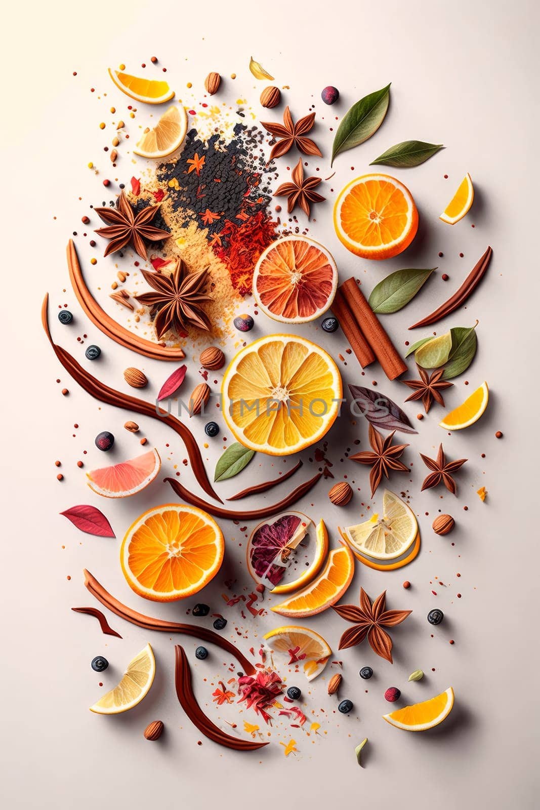 tea leaves dried berries and dried fruits, orange peel, cinnamon, star anise. Generative AI,