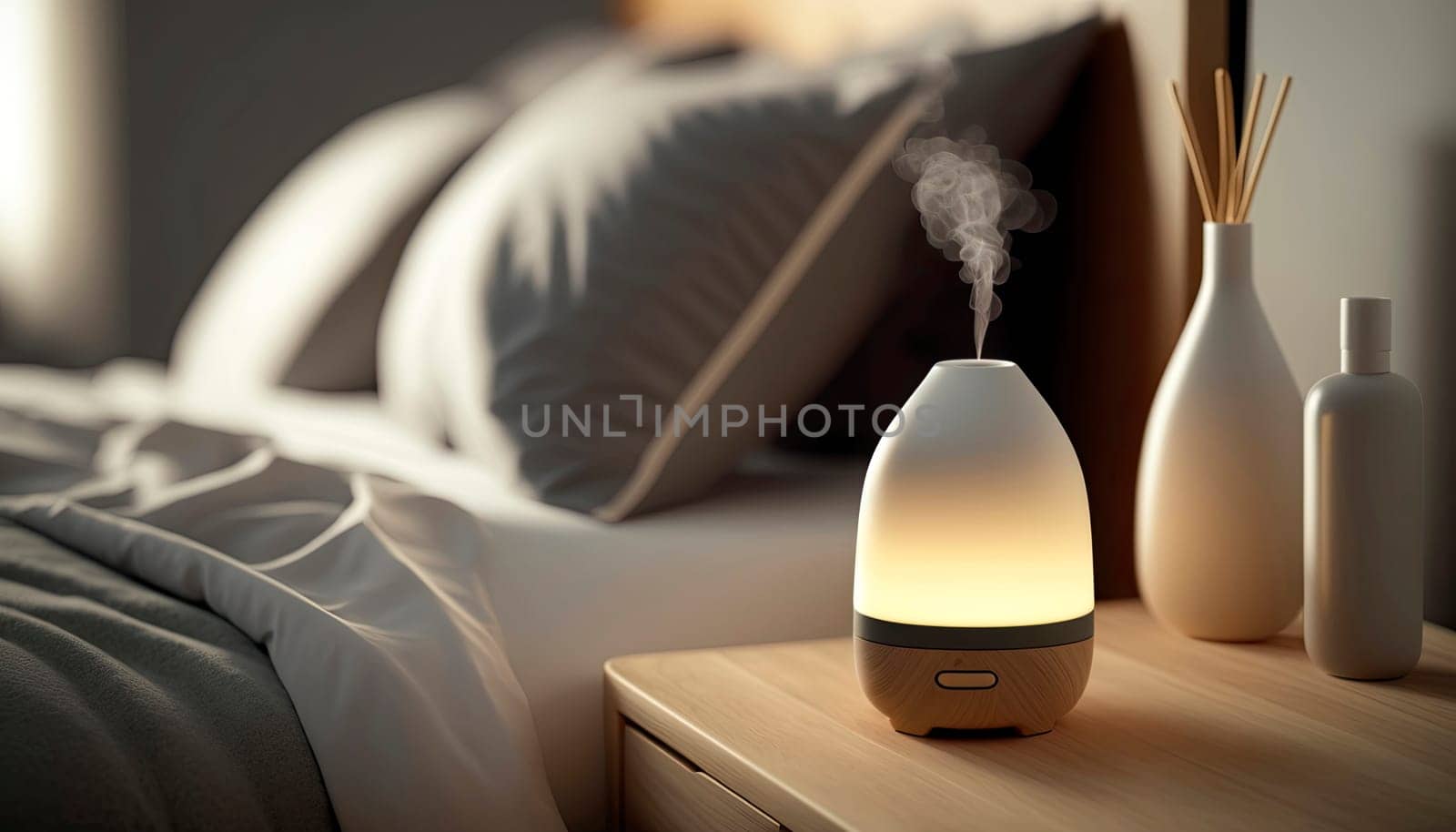 Aroma oil diffuser on the table against the backdrop of the bedroom interior. by yanadjana