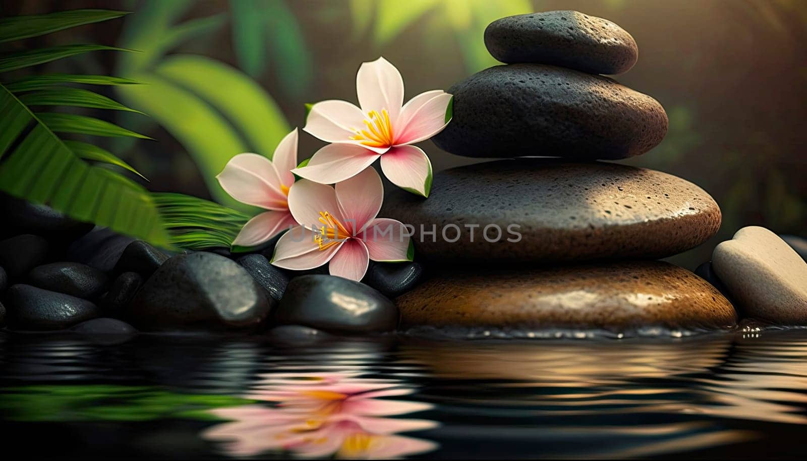 Zen stones and bamboo on the water lined with spa pebbles and plumeria flowers. by yanadjana