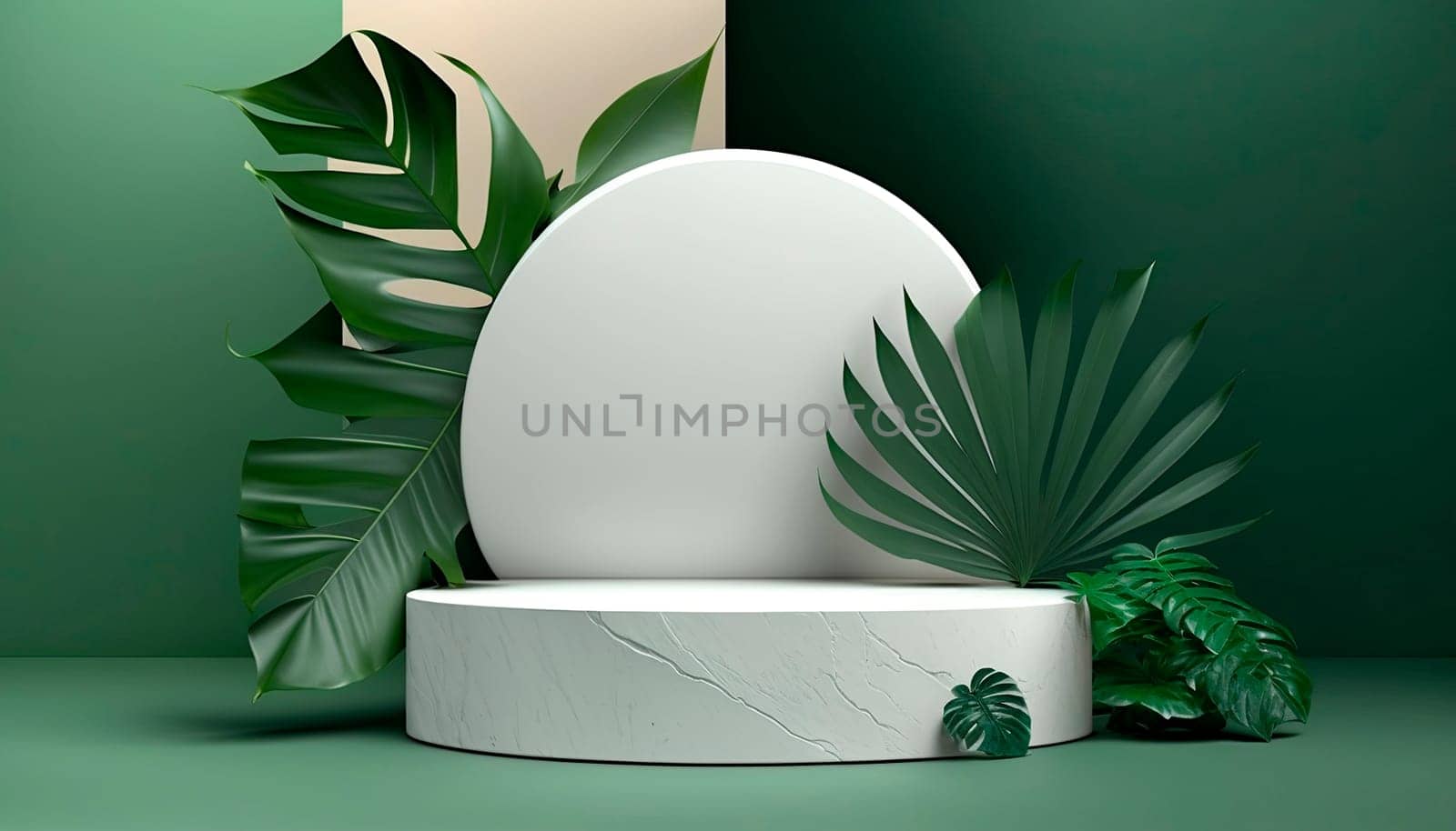 A modern white stand for shooting objects with a backdrop of stone and tropical leaves. by yanadjana
