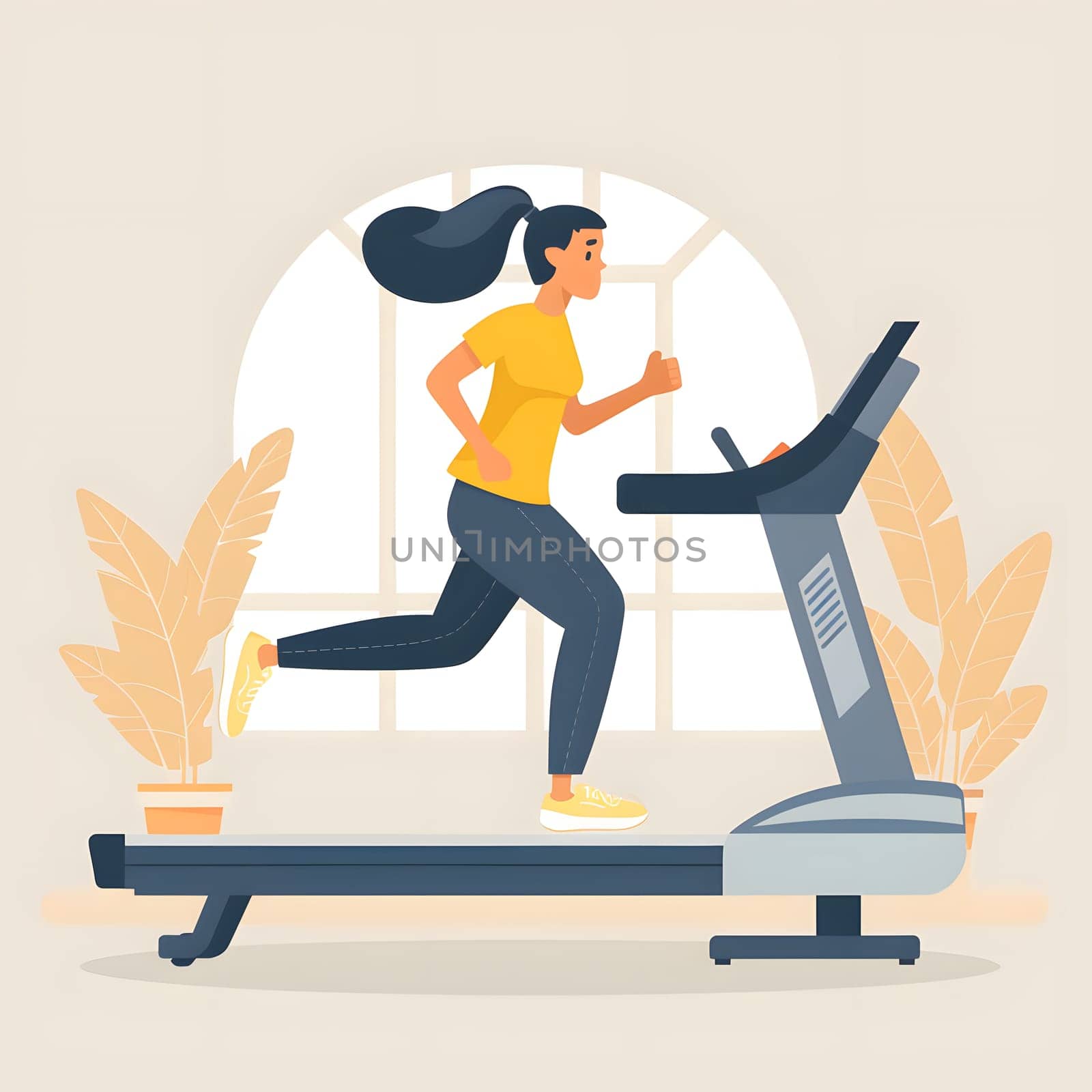 A womans graceful gestures while running on a treadmill in the gym resemble a moving art illustration with a balance of recreation and fitness