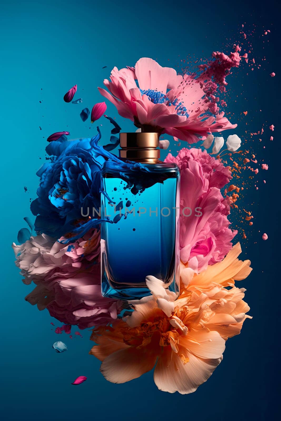 Perfume with floral aroma burst. Generative AI, by yanadjana