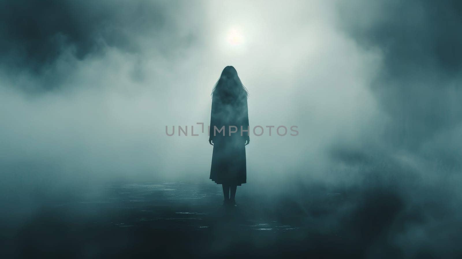 A woman standing in the fog with a dark silhouette