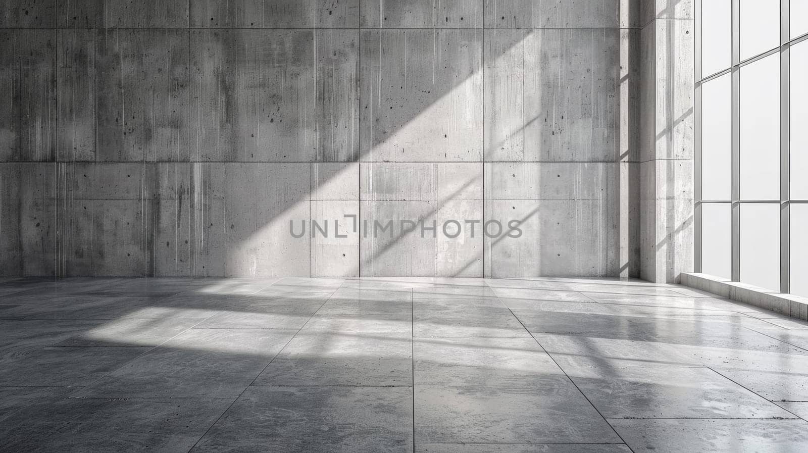 A large concrete wall with a window and sunlight coming in
