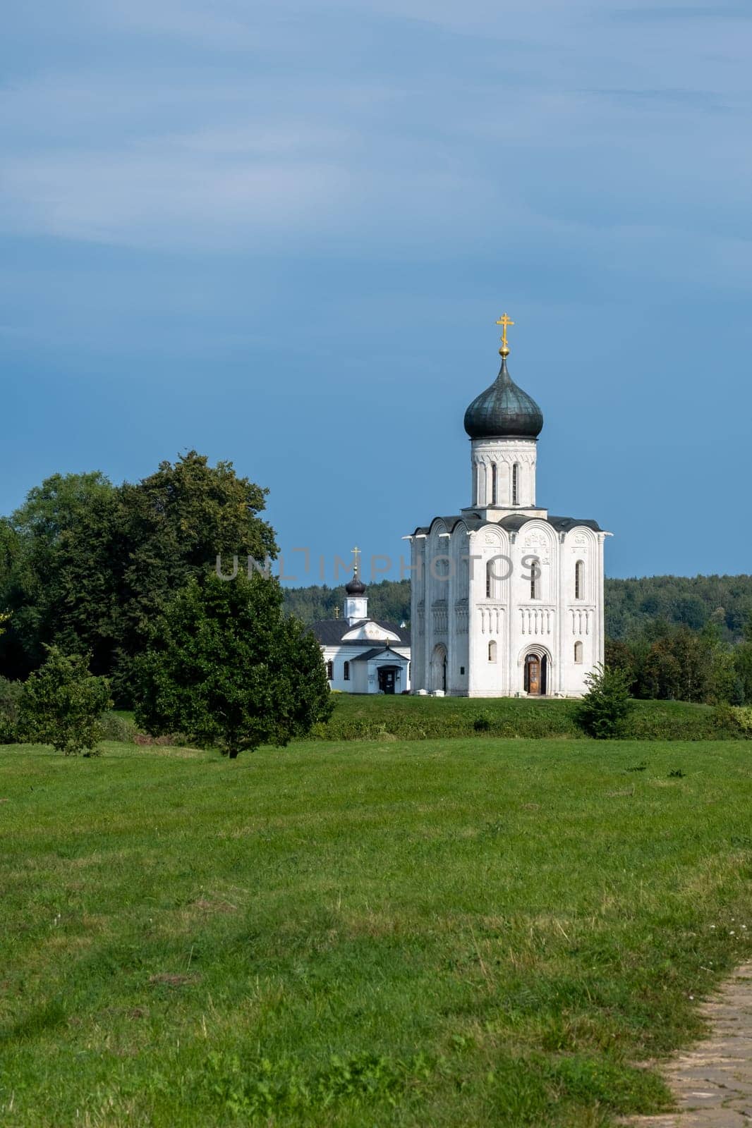 Church of the Intercession on the Nerl, Vladimir region, Russia - August 09, 2023. A famous landmark of Russia, monument of ancient architecture, historical and cultural heritage. Selective focus