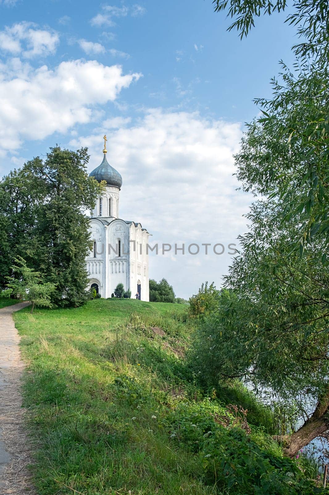 Church of the Intercession on the Nerl, Vladimir region, Russia - August 09, 2023. A famous landmark of Russia, monument of ancient architecture, historical and cultural heritage. Selective focus