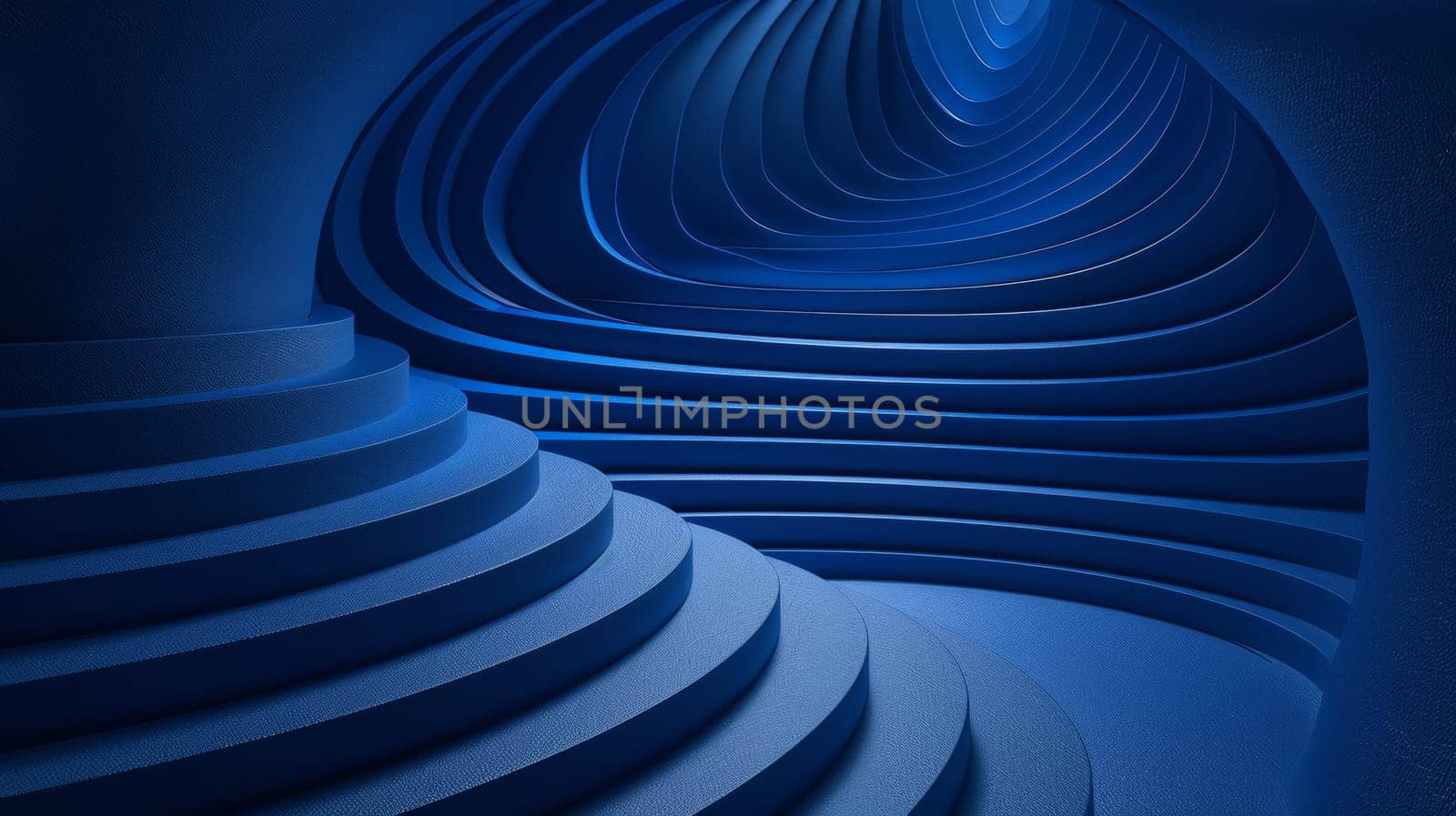 A blue spiral staircase with a curved wall in the background