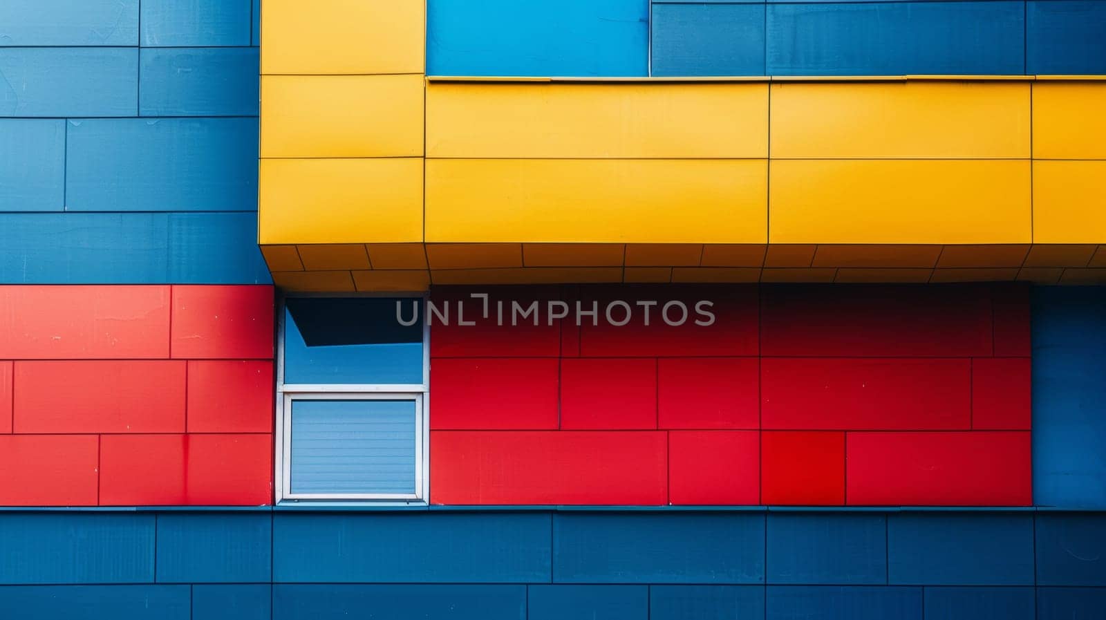 A window of a building with red, blue and yellow tiles