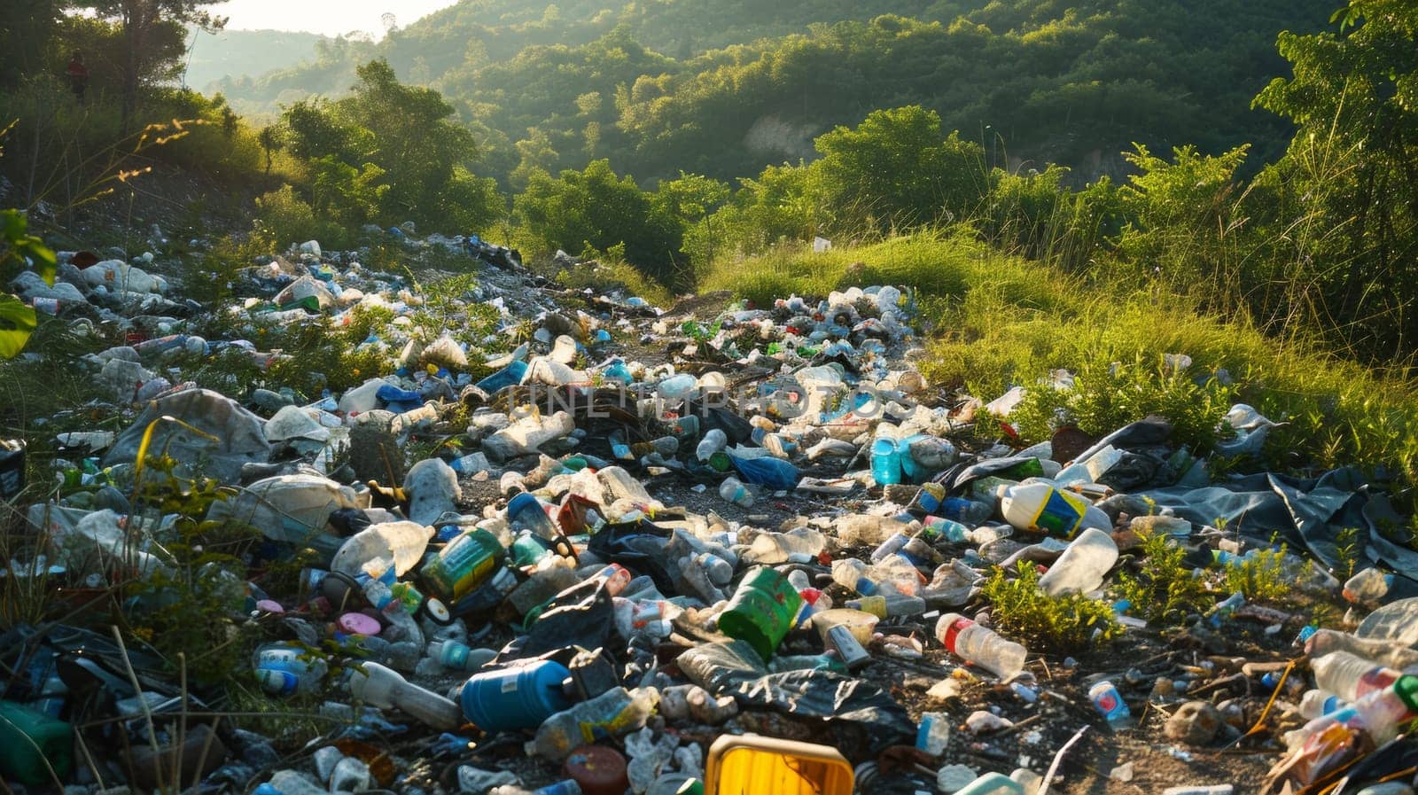 A large pile of trash and bottles on a hillside