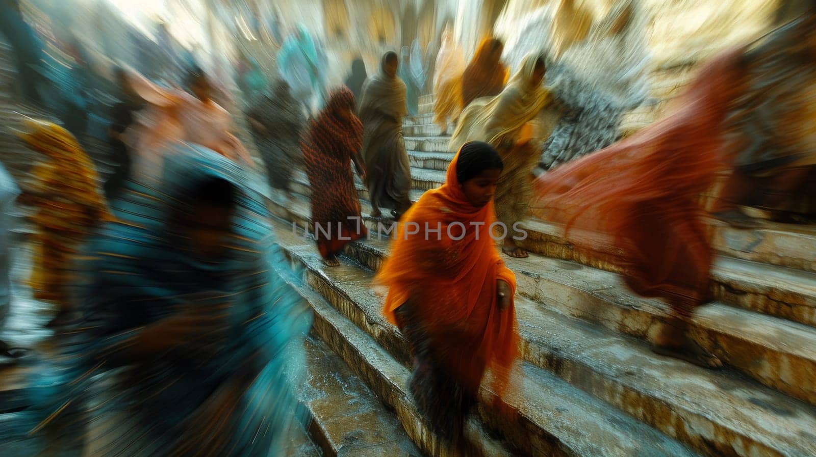 A group of people walking down a set of stairs in colorful clothing
