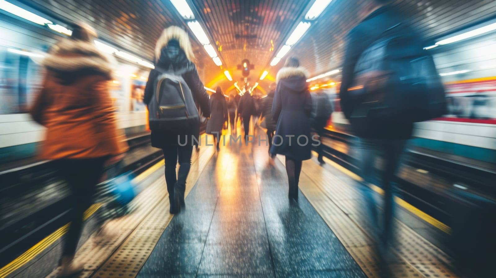 A group of people walking down a subway platform with the train coming